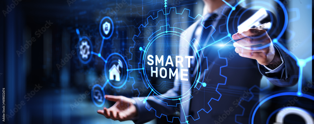 Poster smart home control panel on virtual screen. iot and automation technology concept.