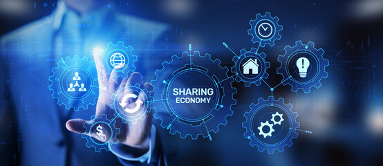 Sharing economy, innovation and future business technology concept on virtual screen.