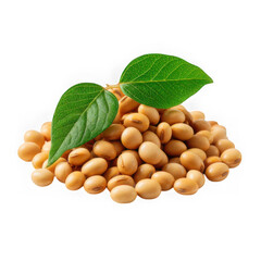 A pile of fresh soybeans with two green leaves on top, isolated on a transparent background