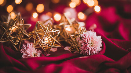 Golden star lanterns glowing against red silk, with scattered chrysanthemum petals for a festive touch.