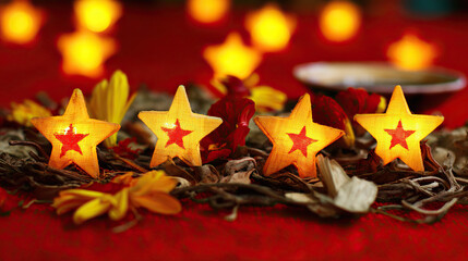 Golden star lanterns glowing against red silk, with scattered chrysanthemum petals for a festive touch.