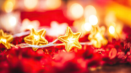Golden star lanterns glowing against red silk, with scattered chrysanthemum petals for a festive touch.