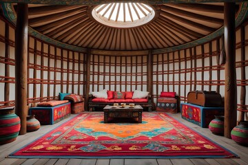 Mongolian Yurt Gathering Space – Classic Living Room Design Showcasing Felt-Covered Walls, Central Hearth, and Traditional Patterns in a Cozy, Culturally Immersive Setting