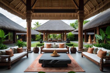 Balinese Open Pavilion Lounge – Classic Living Room Design Showcasing Tropical Serenity with Open-Air Layout, Stone Accents, and Artistic Details from Traditional Balinese Craftsmanship