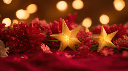 Golden star lanterns glowing against red silk, with scattered chrysanthemum petals for a festive touch.