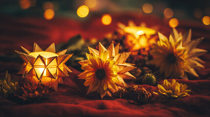 Golden star lanterns glowing against red silk, with scattered chrysanthemum petals for a festive touch.