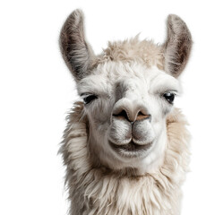 Fototapeta premium A close-up of a friendly white llama with soft fur and expressive eyes against a simple black background.