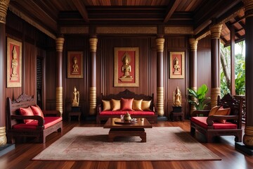 Cambodian Khmer Wooden Living Room – Classic Living Room Design Showcasing Intricate Wood Carvings, Elevated Flooring, and Timeless Elegance Rooted in Ancient Khmer Traditions