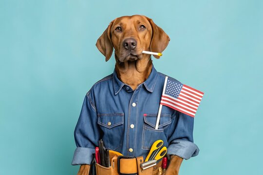 Dog dressed as handyman contractor with american flag and tools funny patriotic labor day image
