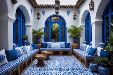 Tunisian Blue-and-White Courtyard Lounge – Classic Living Room Design Featuring Arched Doorways, Mosaic Tiles, and Breezy Mediterranean Charm Rooted in North African Elegance