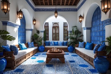 Tunisian Blue-and-White Courtyard Lounge – Classic Living Room Design Showcasing Whitewashed Walls, Ornamental Ironwork, and Cerulean Accents Reflecting Timeless Coastal Style