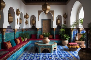 Moroccan Zellige-Tiled Lounge – Classic Living Room Design Featuring Intricate Mosaic Patterns, Arched Niches, and Luxurious Textiles Evoking Timeless Moroccan Craftsmanship