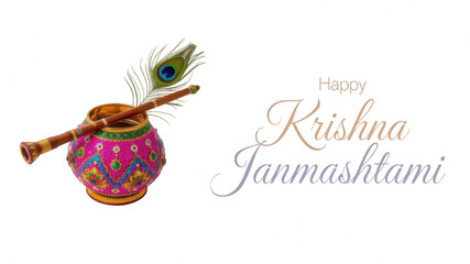 Decorative pot and flute with peacock feather for Janmashtami  