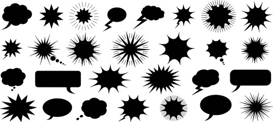 Diverse comic book speech bubbles and explosion shapes starburst