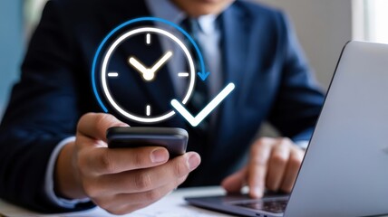 Efficient Mobile Time Management: A person holding a smartphone displaying a clock with a checkmark, illustrating productive workflow and timely task completion