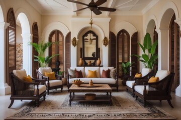 Senegalese Colonial-Inspired Parlor – Classic Living Room Design Showcasing Louvered Shutters, Handcrafted Furniture, and Breezy Veranda Charm Reflecting Historic Dakar Aesthetics