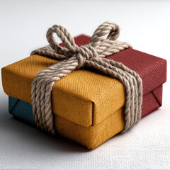 Minimal gift box with textured yellow, red, and blue wrapping, tied with thick rope, on white background, evoking cheerful mood