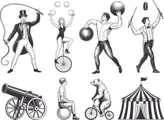Vintage circus illustration set, strongman, ringmaster, juggler, acrobat, tent, cannon act, retro performers, black and white carnival art © Vactor Creatives