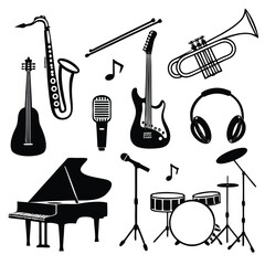 A versatile collection of musical instrument silhouettes featuring guitars and other iconic sound makers perfect for graphic design projects related to music and performance