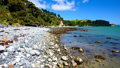 Scenic coastal landscape with pebbles and turquoise water