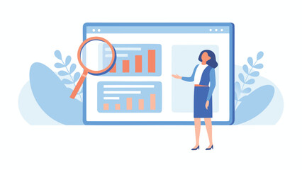 Woman presenting data on screen with magnifying glass for detailed analysis and investigation view