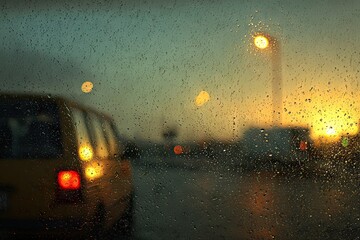 Rainy evening view through a car window.  Blurred yellow car, raindrops, streetlights, sunset