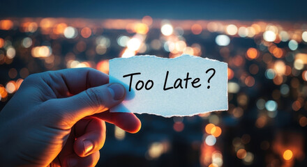 Hand Holding Torn Paper with "Too Late?" Question Over City Lights