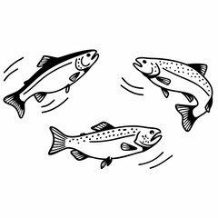 Minimilist three stylized fish swimming in different directions with motion lines in a black and white drawing vector