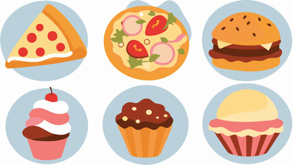 Illustration of various food items including pizza burger and cupcakes arranged on light blue circles