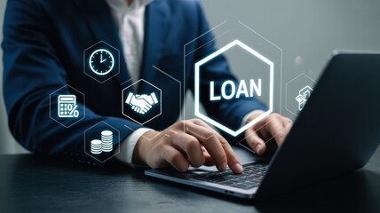 Strategic Loan Management: A person interacting with a laptop displaying a "LOAN" icon surrounded by various financial tools, illustrating responsible borrowing and investment planning.