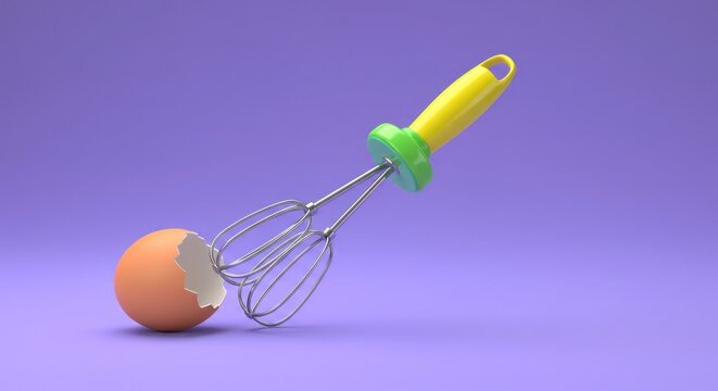 A vibrantly colored egg whisk sits angled over a cracked brown egg on a muted lavender background