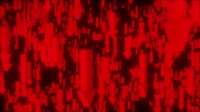 Red arrows fall with the Swedish krona symbol, signaling currency decline, market downturn, or financial concerns. Useful for forex losses, crisis content, or economic alerts.

