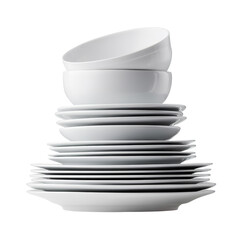 Stack of white ceramic plates and bowls kitchenware dinnerware tableware crockery dishware home goods isolated