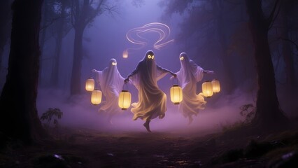 Surreal Halloween Scene with Spooky and Dreamlike vibes