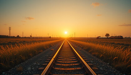 Obraz premium train track glowing under the golden hour sun, stretching into the distance with a slow