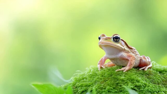 Frog on Green Moss: A vibrant close-up captures a solitary frog perched atop a bed of lush, green moss, set against a softly blurred, natural backdrop.