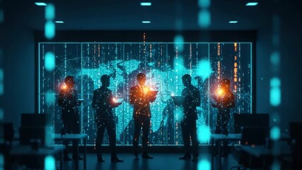 A group of professionals in a modern office setting illuminated by glowing data visualizations engaging in a collaborative discussion about technology and innovation against a digital world map backdr - Powered by Adobe