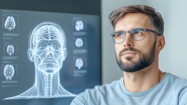 Human Mind Examination: A focused individual, sporting spectacles, fixates intently on a digital depiction of a human mind, symbolizing the realm of science and medical insights.