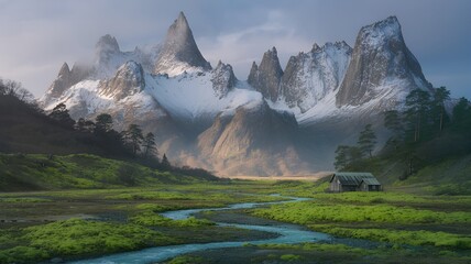 Snowy Mountain Landscape, Alpine Valley, Rustic Cabin Scene, Fantasy Mountains, Serene Nature Panorama

