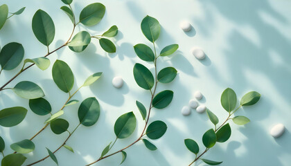 Flat lay of eucalyptus leaves and small white stones arranged in a minimalist zen composition on a soft pastel background. Natural lighting, no people, no text&mdash;perfect for wellness, spa, and aesthetic
