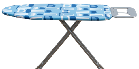 empty ironing board with blue patterned cover, ready for laundry