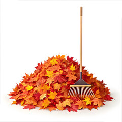 Pile of autumn leaves with wooden rake isolated on white background