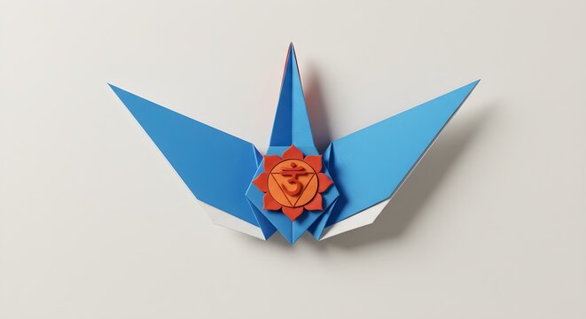 Blue geometric pattern forms 3D origami style. Orange chakra symbol stands out; good for spiritual content, clean backdrop, branding, posters.