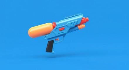 A vibrant, stylized water gun, light blue and orange, sits angled on a bright, solid blue background.  A large, oblong, orange water reservoir is attached