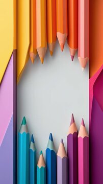 Brightly coloured pencils lined up vertically with a clean white space in the centre, ideal for art, craft, and stationery promotions on social media and digital platforms.