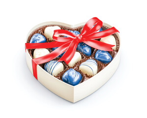 Heart shaped box filled with gourmet chocolates adorned with a vibrant red ribbon for romantic gifts and sweet indulgence