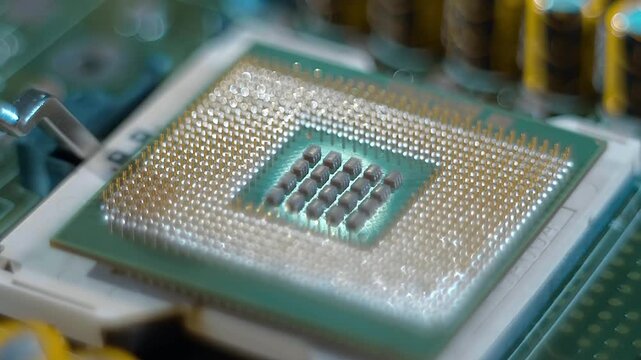 Powerful modern server computer motherboard with two processors. In inverted processors are a lot of conductive legs (contacts, pins) are visible. Closeup. Macro. Follow focus. Shot in motion