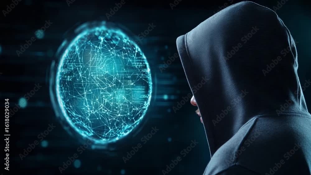 Poster mysterious digital interaction: an anonymous figure in a hooded sweatshirt intensely gazes at a mesm