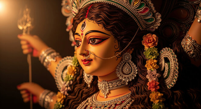 Majestic Idol of Hindu Goddess Durga with Traditional Ornaments