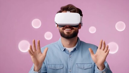 Immersed in Digital Realm: A man is wearing VR headset with a smile on his face in this vibrant photo, exploring the virtual world and digital reality